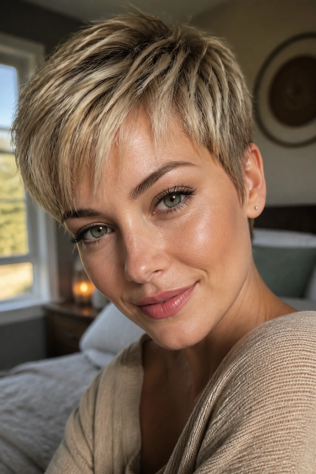 Close-up portrait of a real woman with a short blonde pixie-style cut in warm bedroom light.