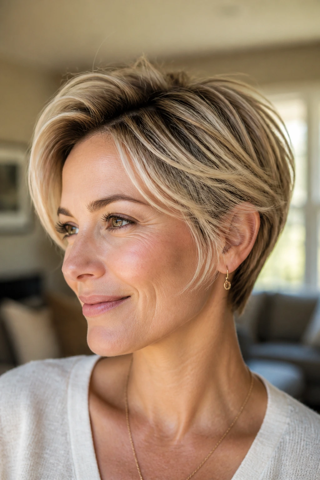 Close-up portrait of a real woman with short blonde hair featuring dimensional roots and feathered ends