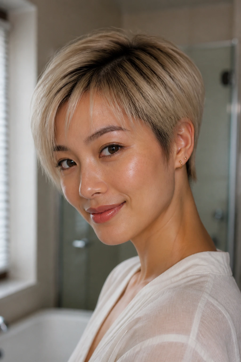Close-up portrait of a real woman with short blonde hair showing root depth and glossy ends