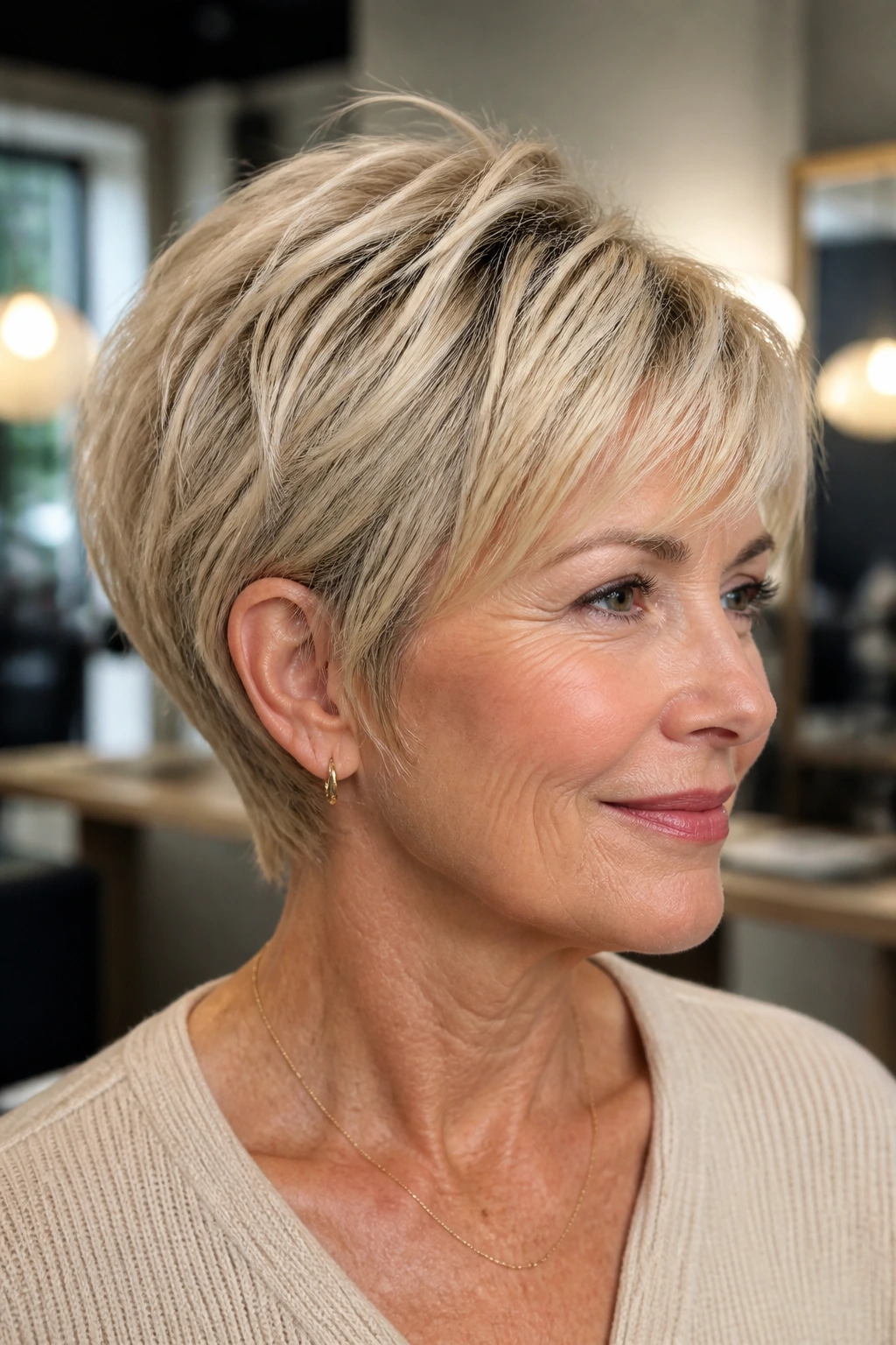 Close-up portrait of a real woman with a short blonde haircut showing shape and lift