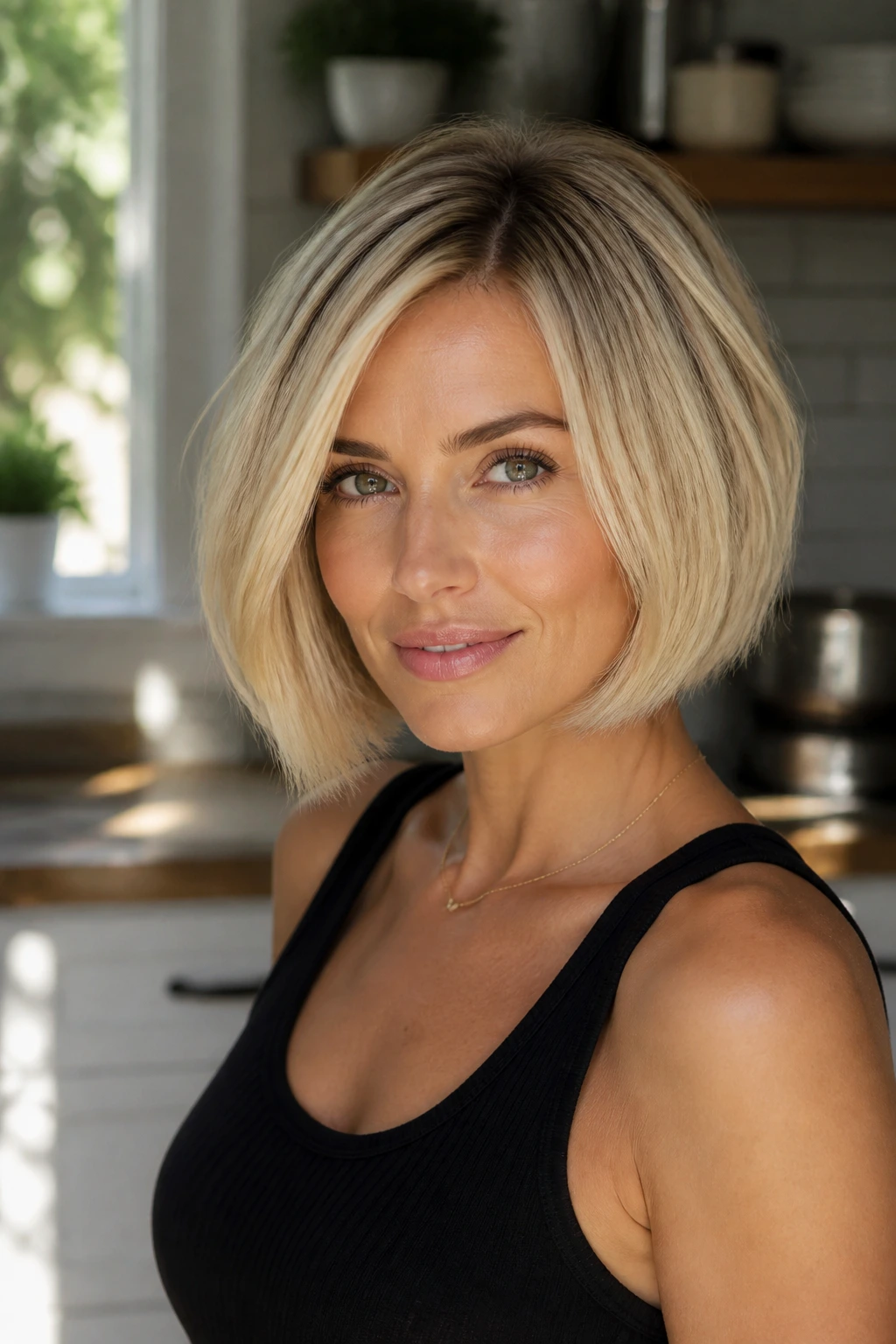Close-up portrait of a woman with crisp short blonde bob and soft root color in a sunlit kitchen