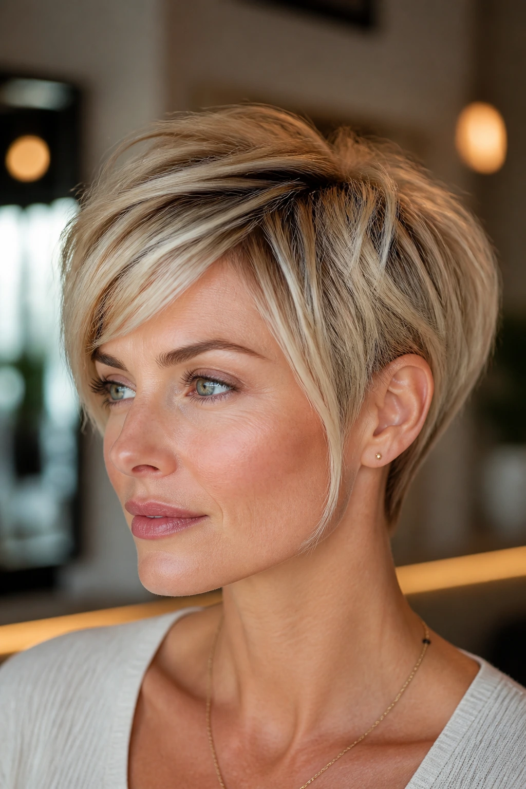 Close-up of short blonde hair showing highlight map on crown and face frame on a real person