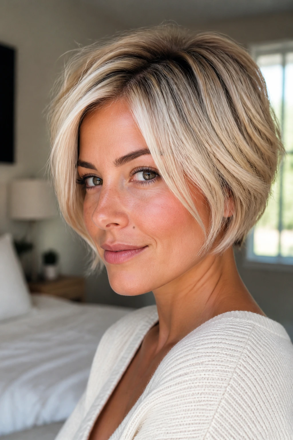Close-up portrait of a woman with short blonde hair highlighting part lines and face framing