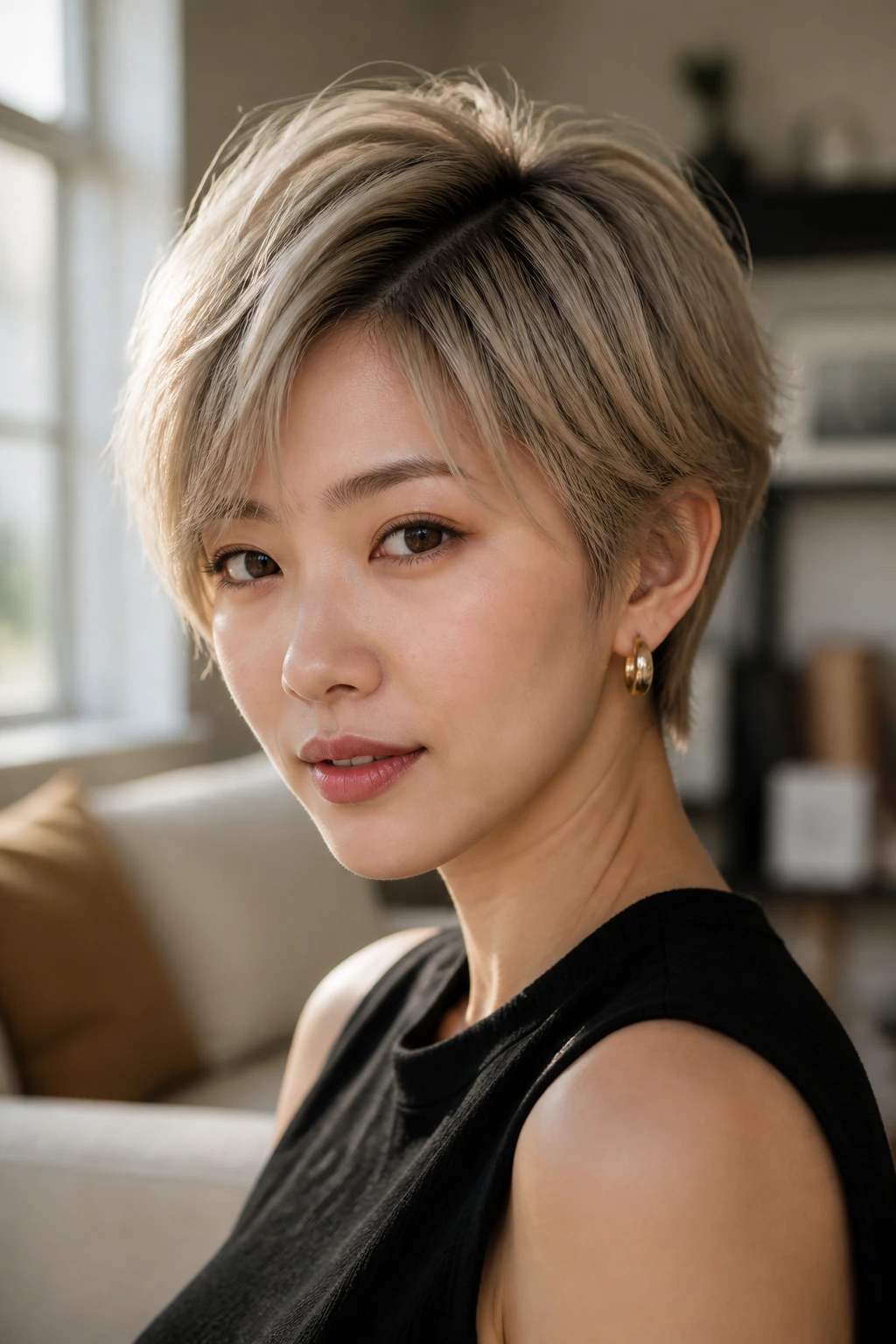Close-up portrait of a real woman with a short blonde pixie showing root shadow and beige tones.