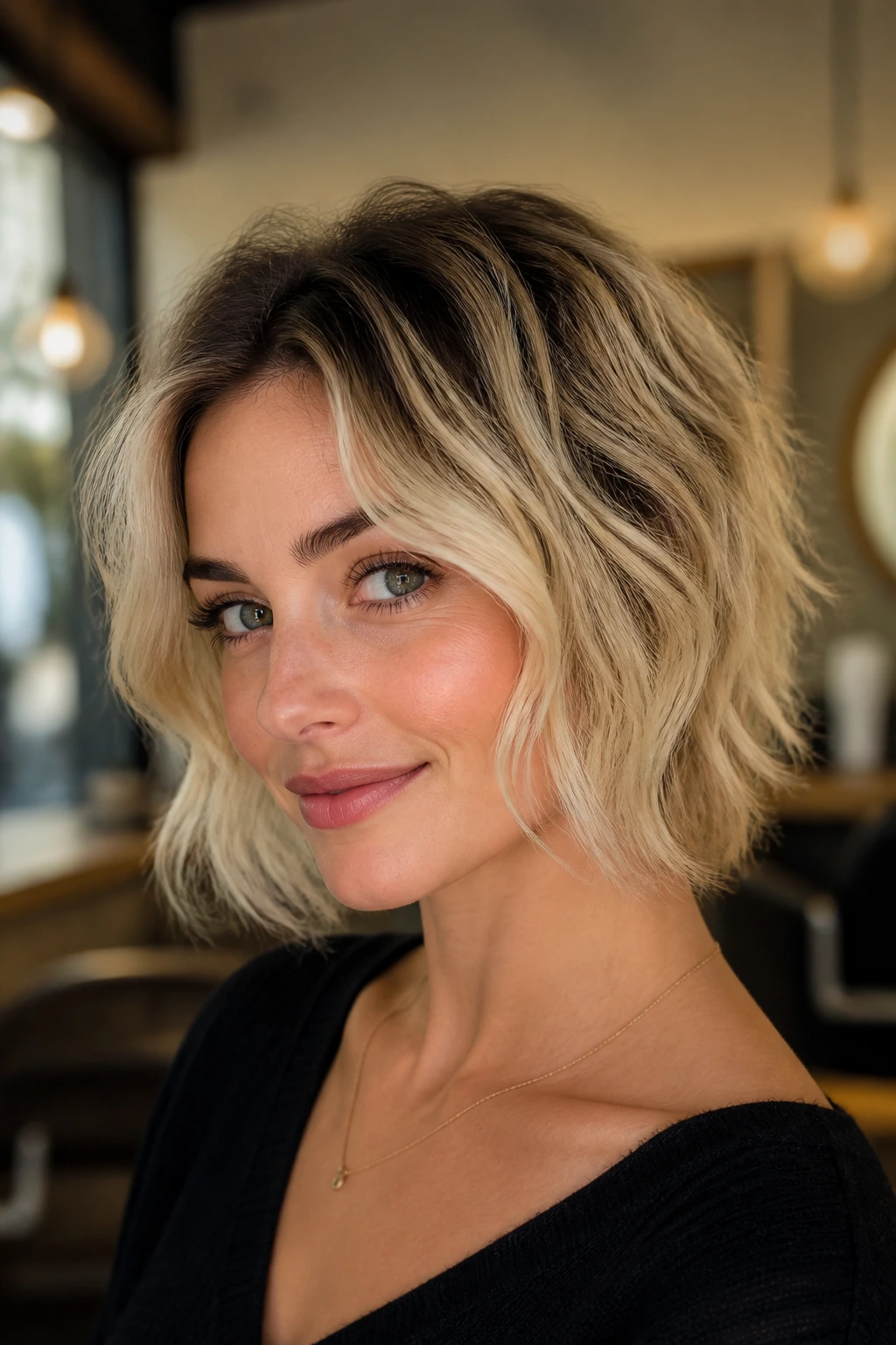 Close-up of a real woman with short blonde shag, dark roots, and face-framing layers.