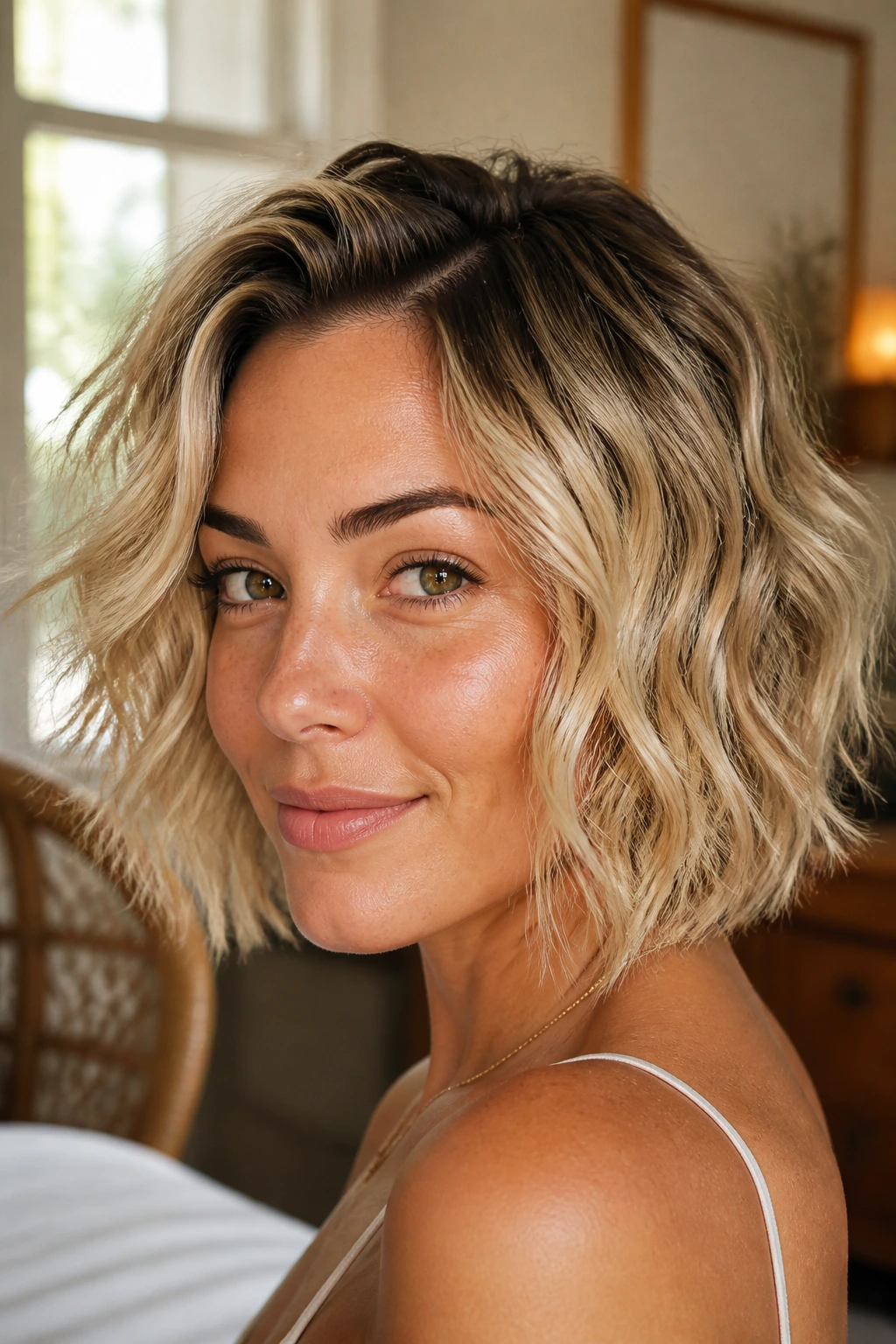 Portrait of real woman with short blonde waves and dark roots.