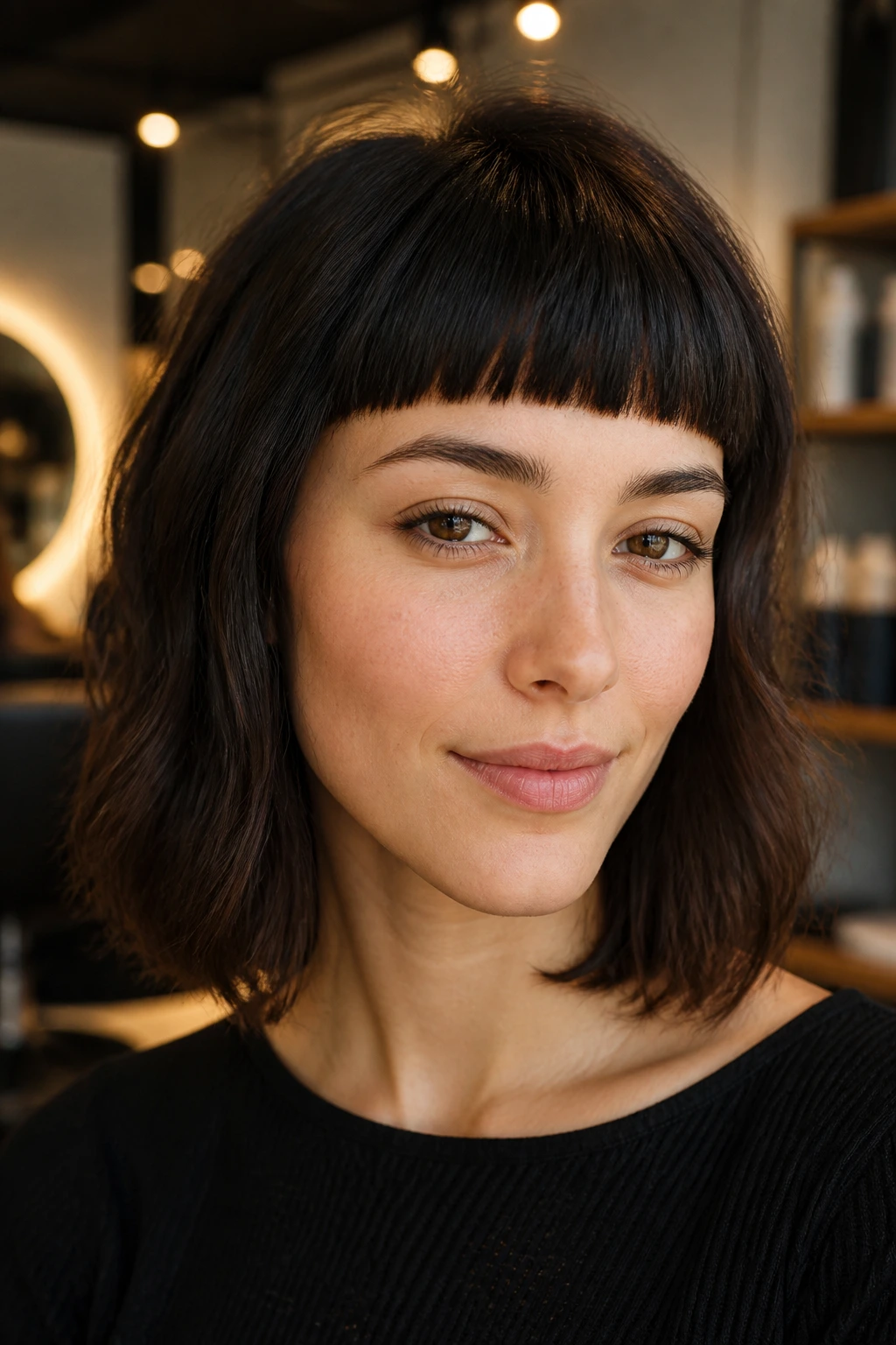 Close-up of a real woman with a short blunt fringe above the brow in a chic salon.