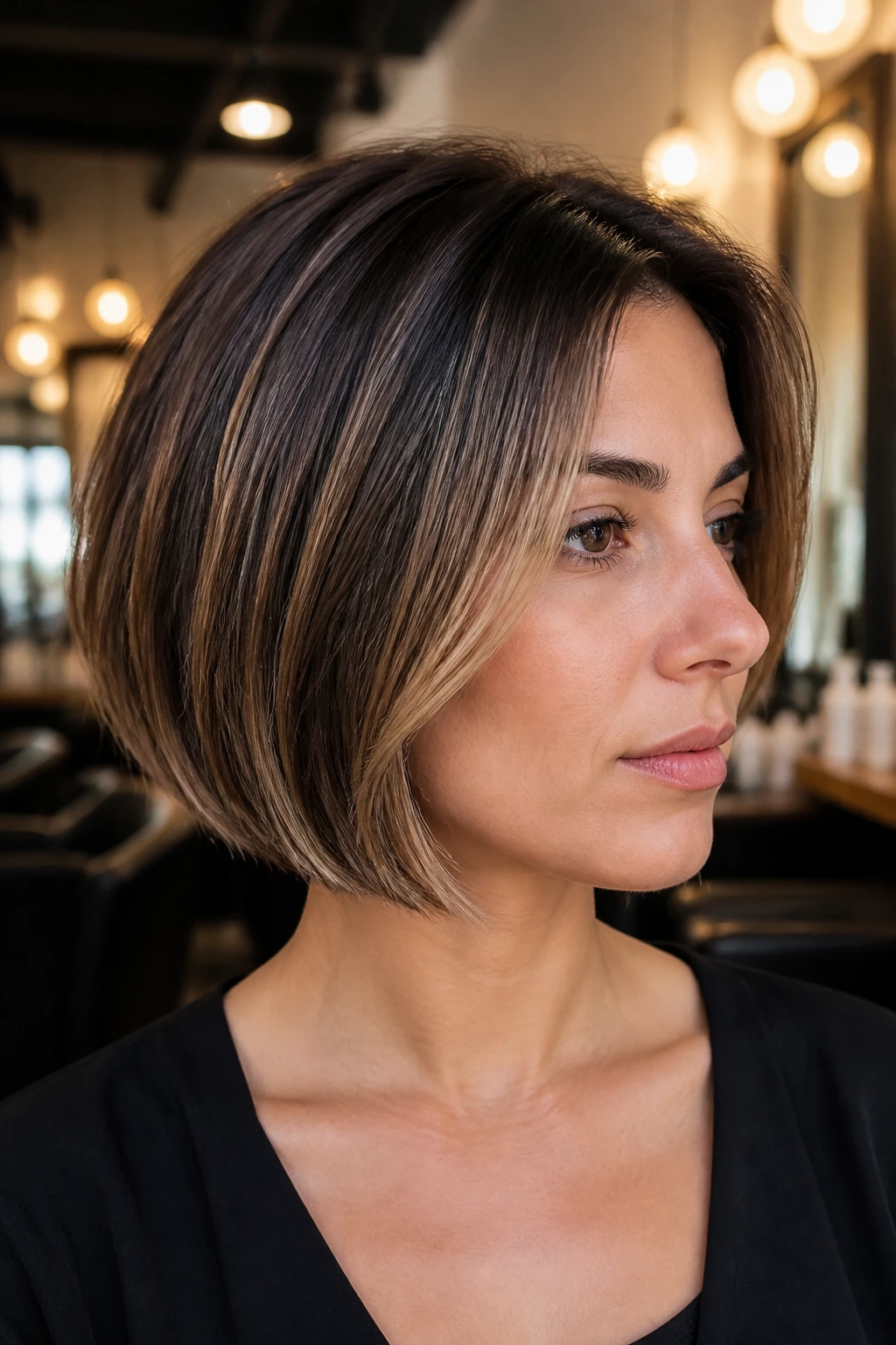 Close-up of a real woman with a short bob and subtle balayage