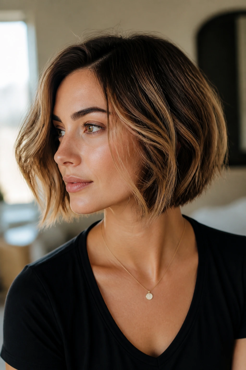 Close-up portrait of a textured short bob with dimension under natural window light
