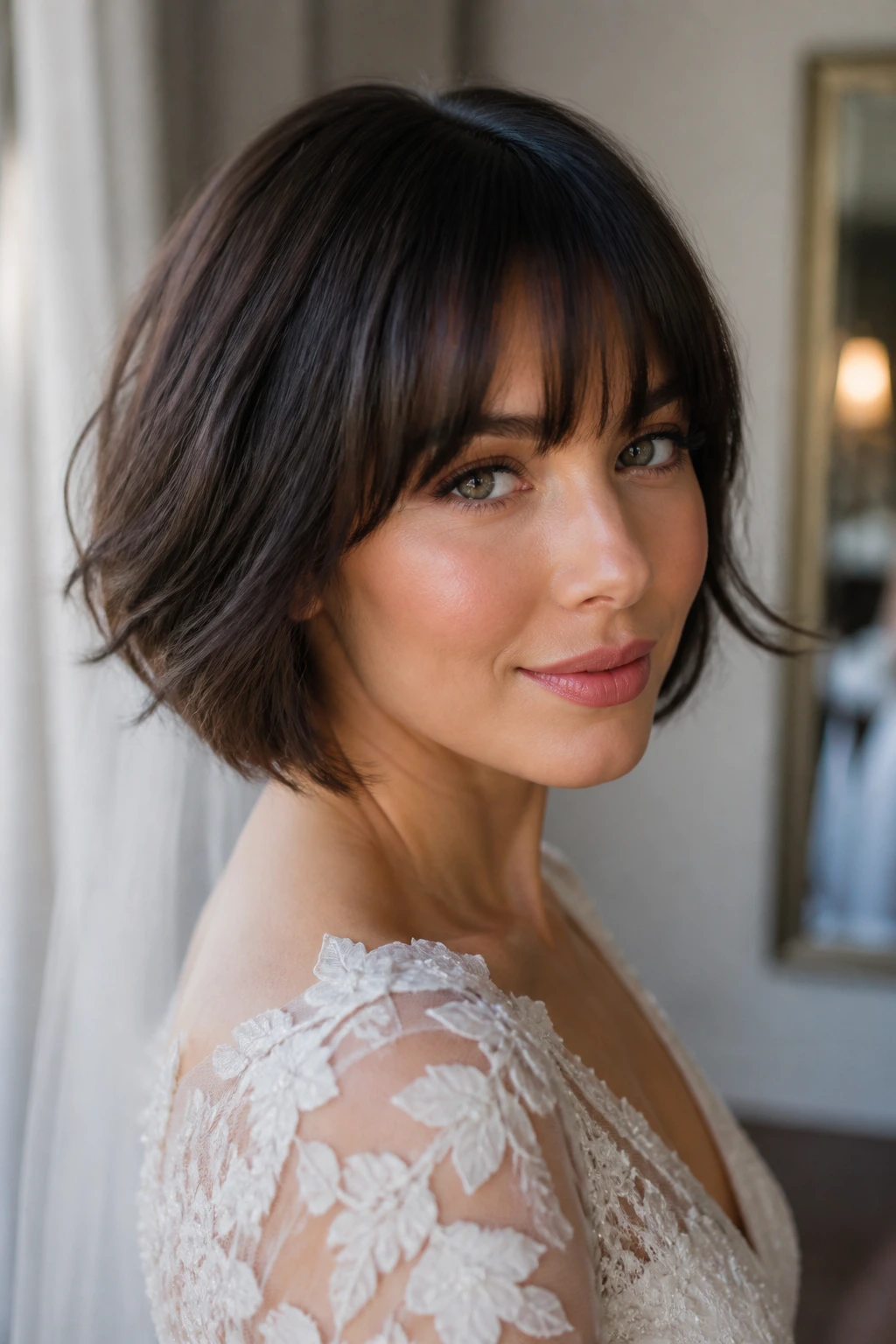 Close-up of a real bride with Short Bob with Bangs