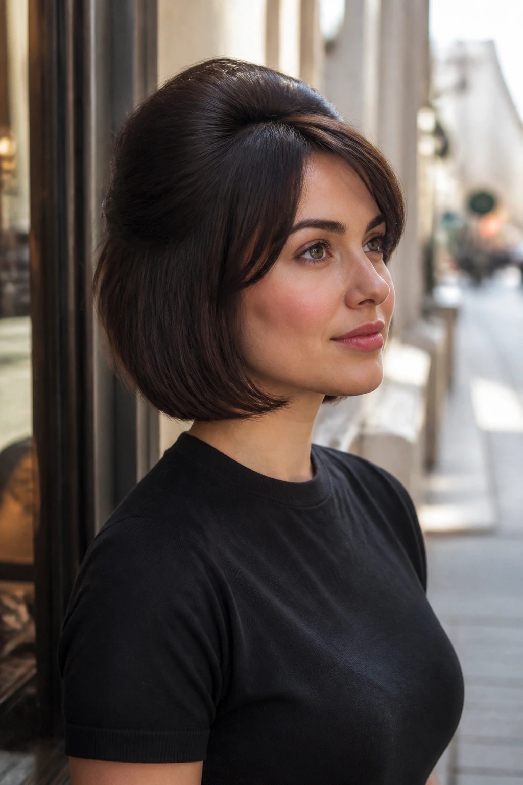 Close-up portrait of a woman with Short Bob Beehive Accent hairstyle