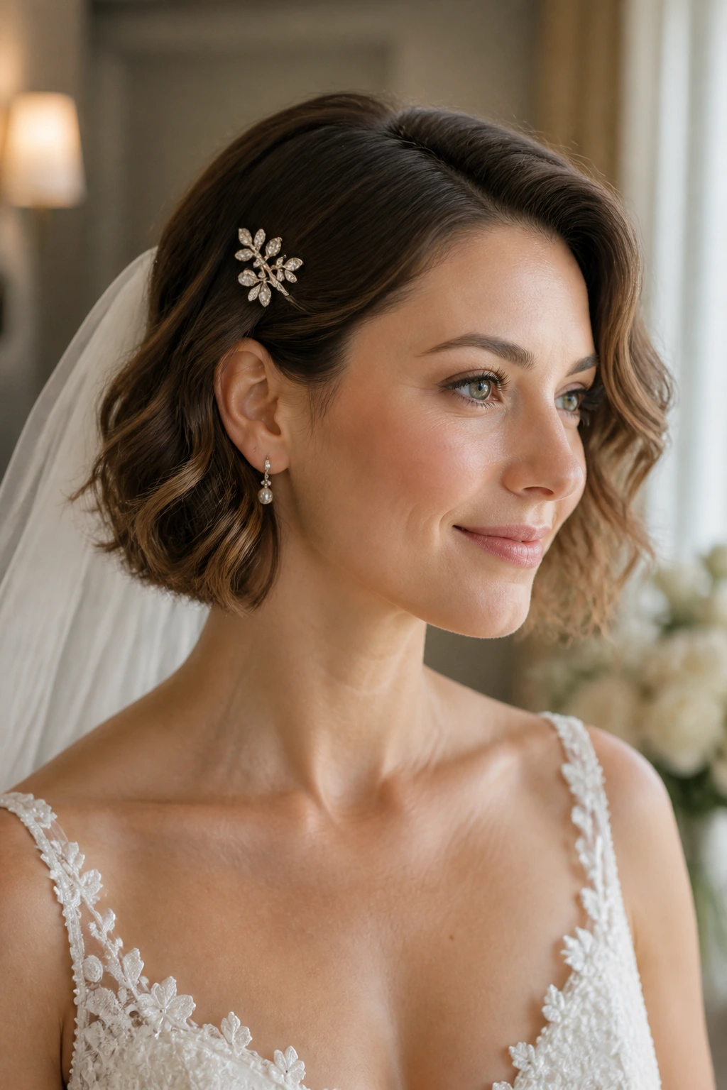 Close-up bride with short wavy bob and a single side pin, soft window light