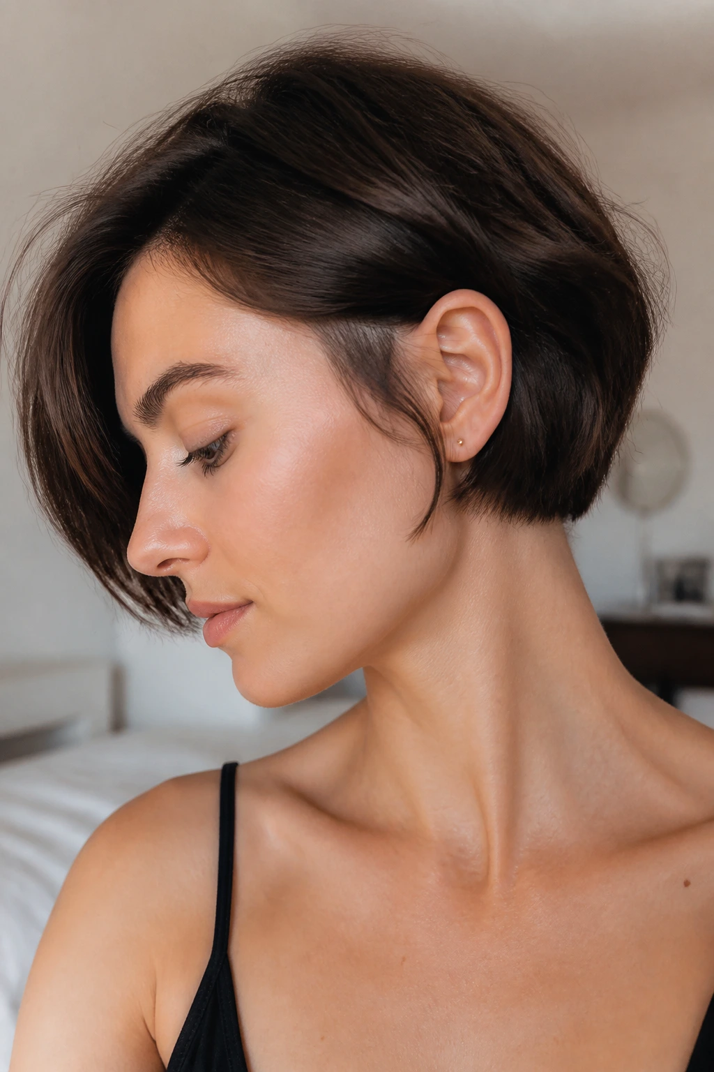 Close-up of a real woman with a bob cut above chin