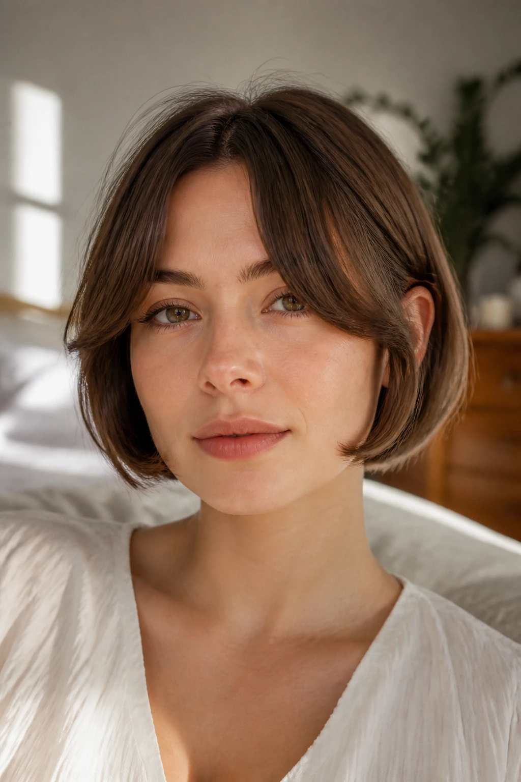 Close-up of a real woman with a soft curtain fringe on a short bob in a sunlit bedroom