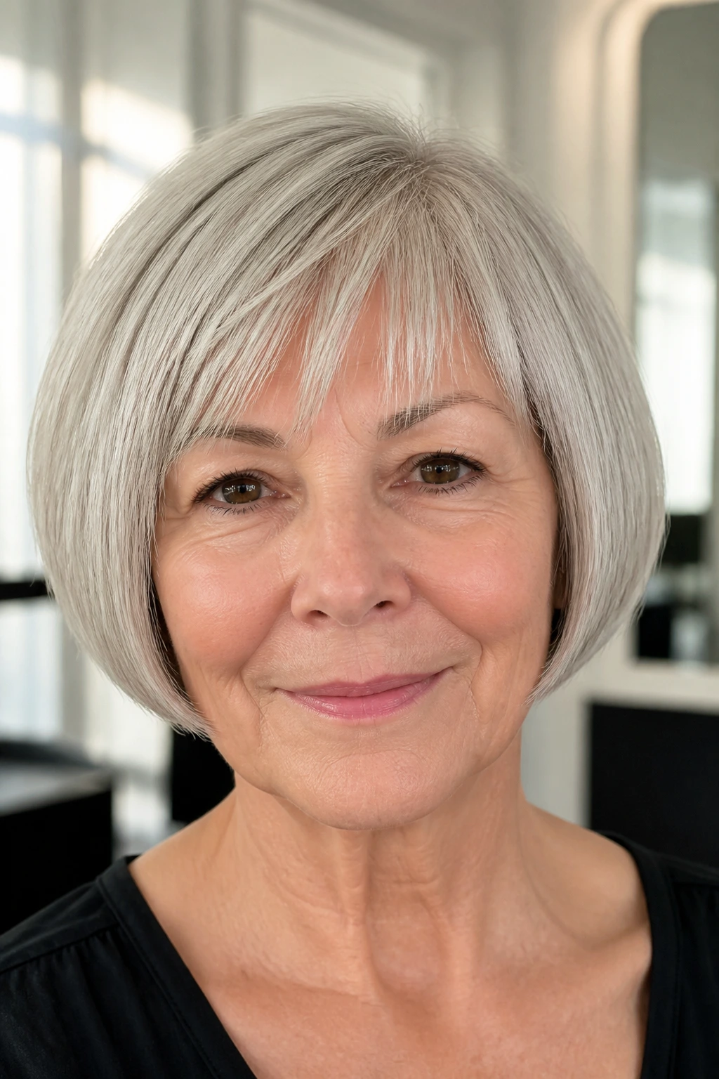 Close-up of older woman with short bob emphasizing density