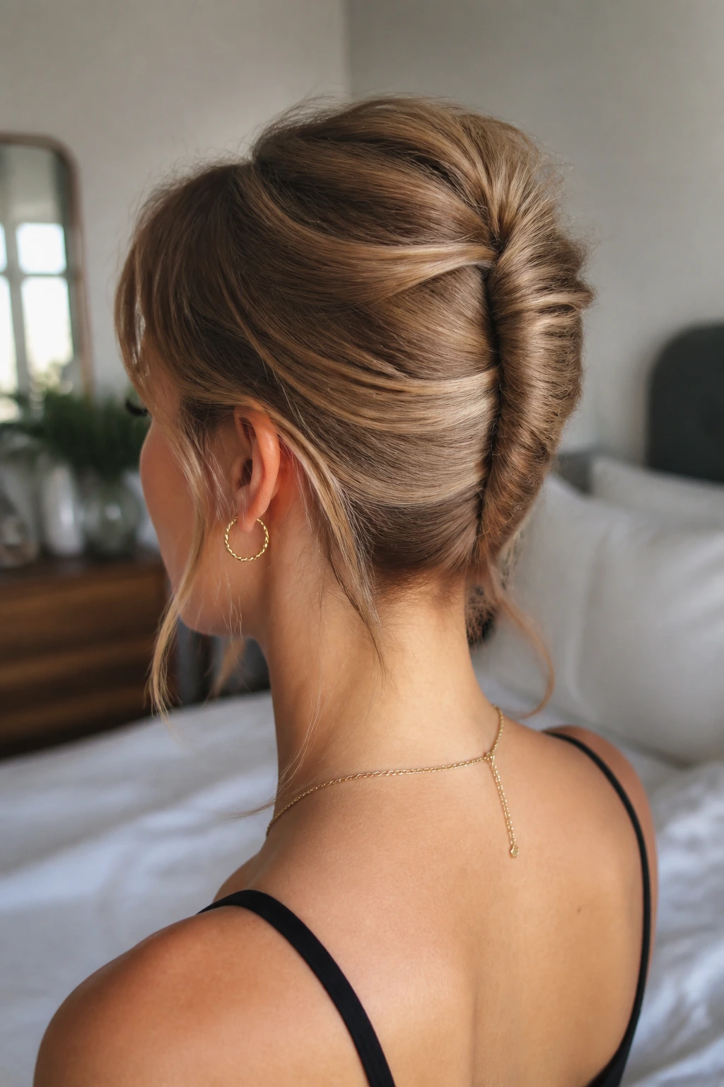 Rear/side view of short bob with a slim French twist at the back of the head.