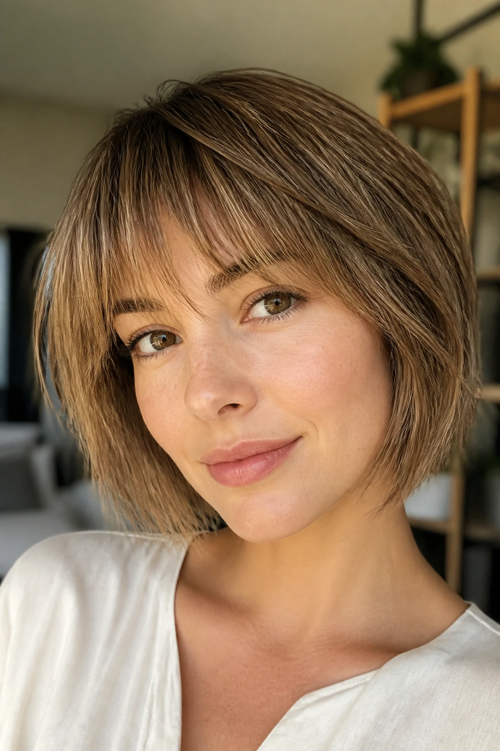 Portrait of a woman with brushed-forward short bob and light fringe