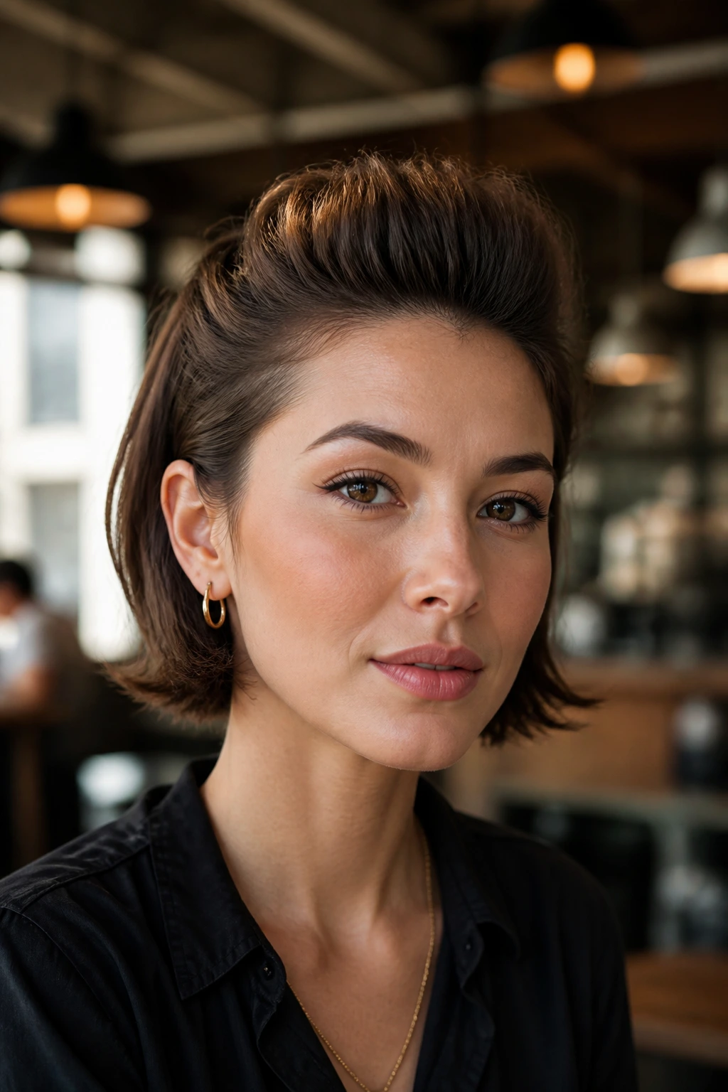 Close-up of a real woman with a short bob faux hawk.