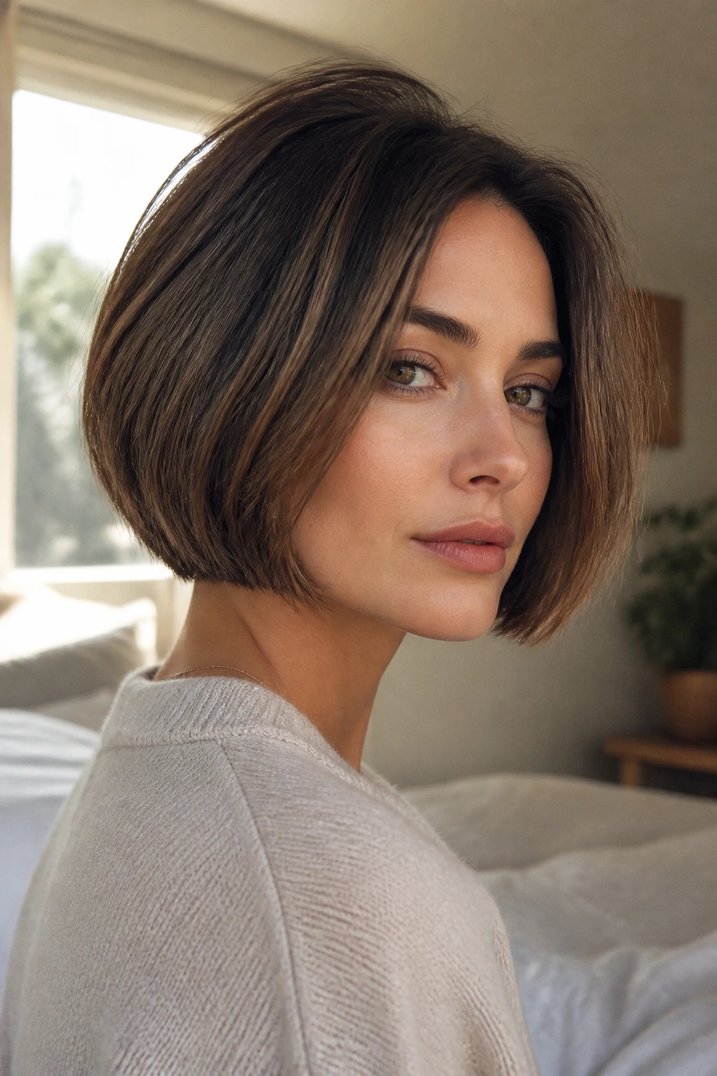 Close-up portrait of a real woman with a sharp short bob showing defined jawline and nape
