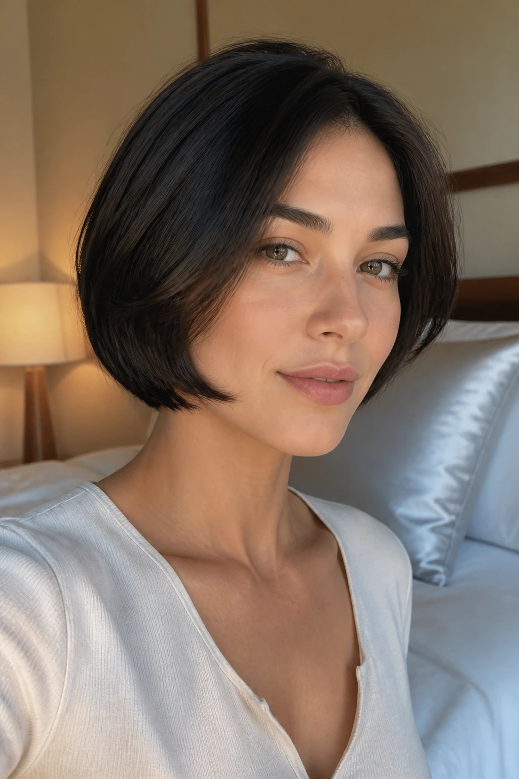 Close-up of a real person with a neatly shaped short thick bob in a bedroom setting with a silk pillow