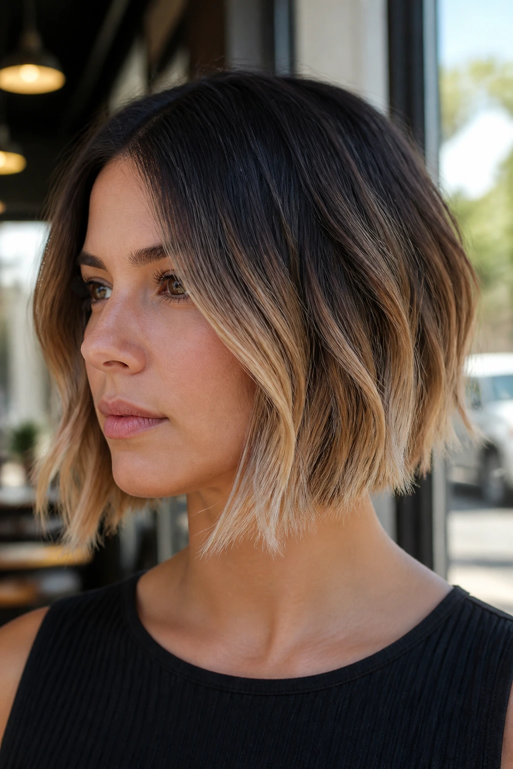 Close-up of a real woman's short bob ombre with darker roots and lighter tips