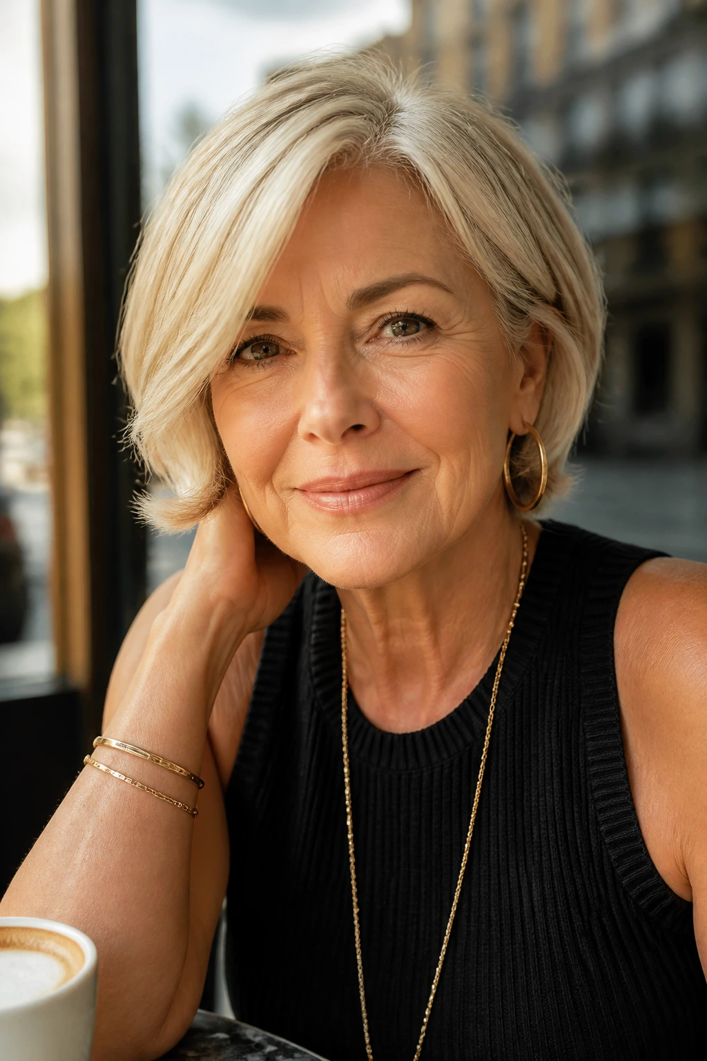 Close-up portrait of a woman with a sleek bob in natural light