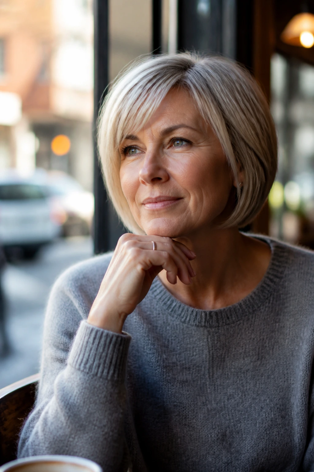 Close-up portrait of a real woman with a thoughtful short bob