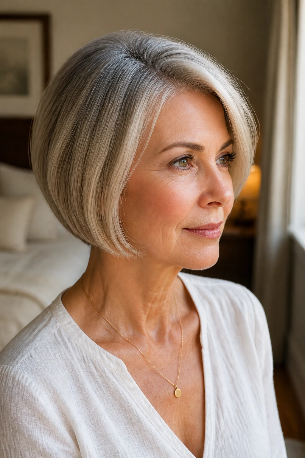 Close-up of a real woman with a short bob in a cozy bedroom