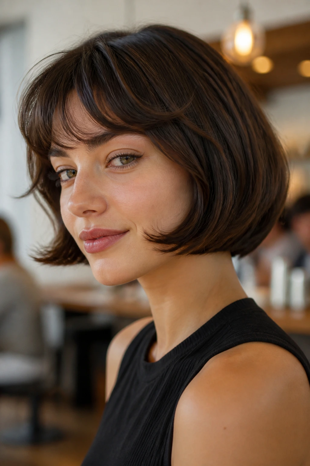 Real person with short bob and retro flip bangs.