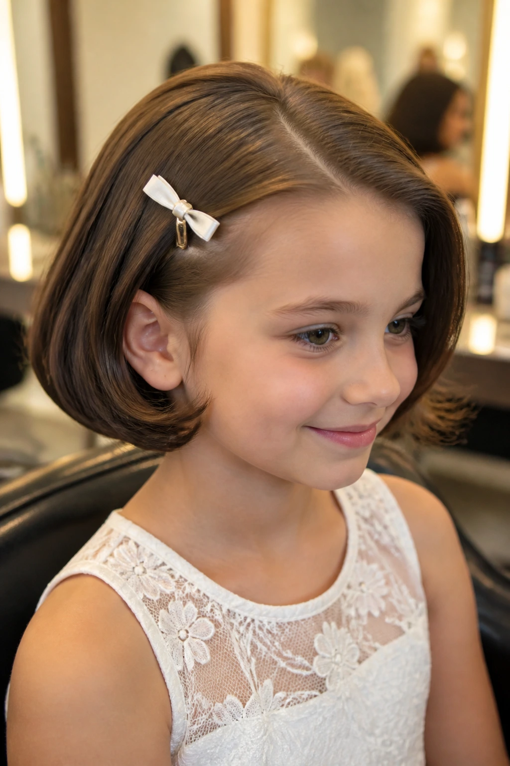 Close-up of short bob with ribbon flip for a communion hairstyle