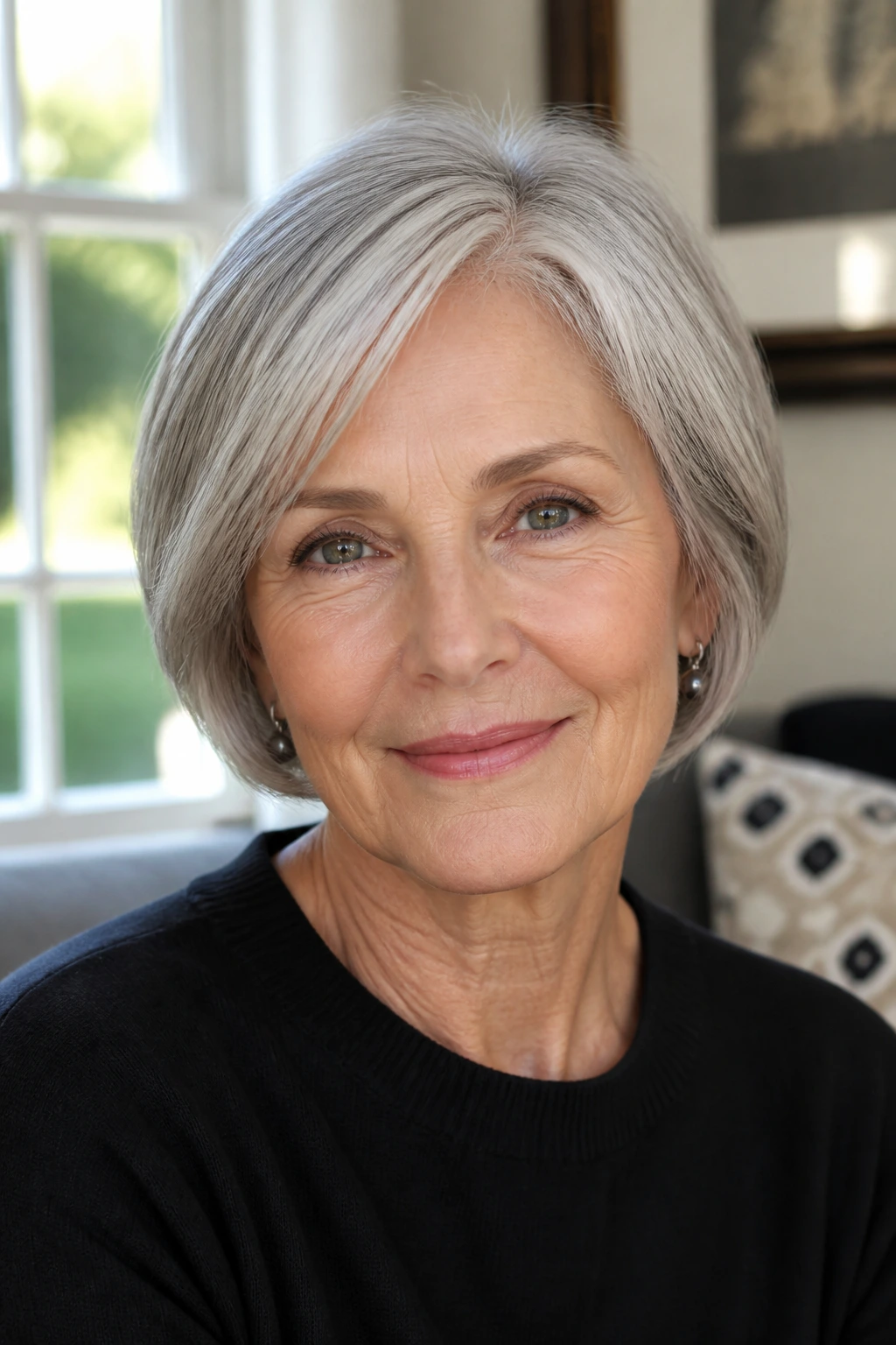 Close-up of a woman with a classic short bob and bright silver veil in natural light