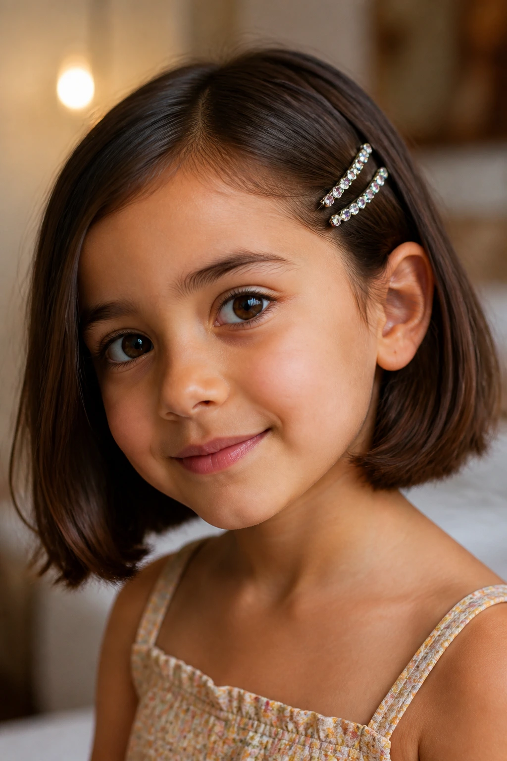 Brunette child with short bob and sparkly clips