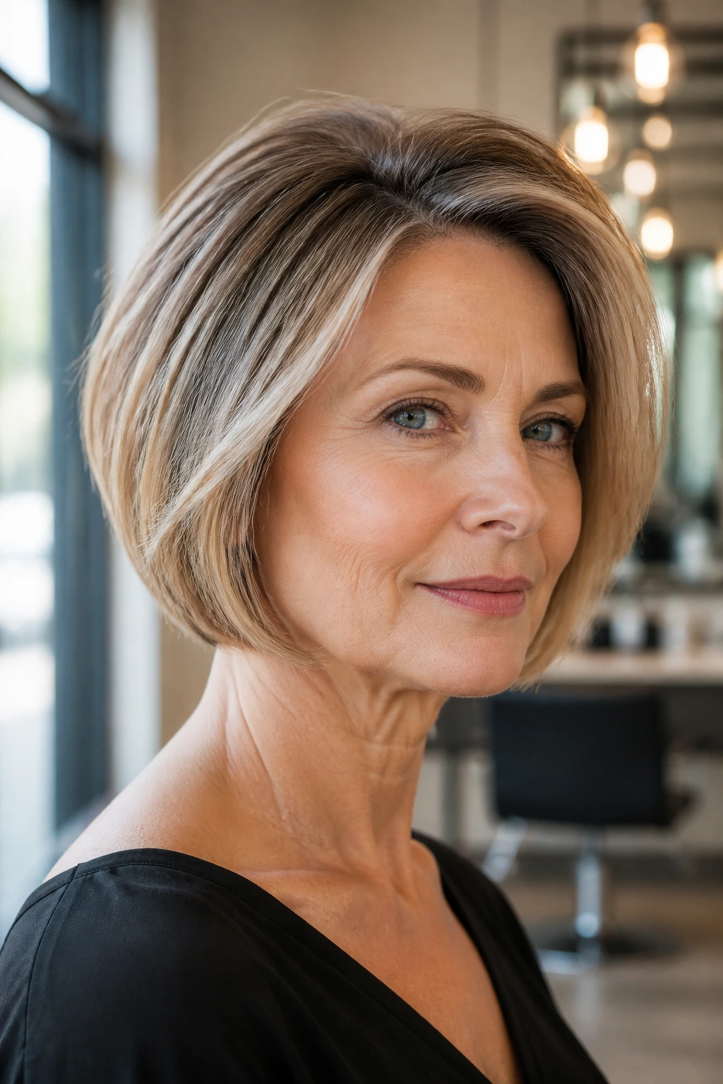Portrait of a real woman with a short bob showing lifted crown and bent ends