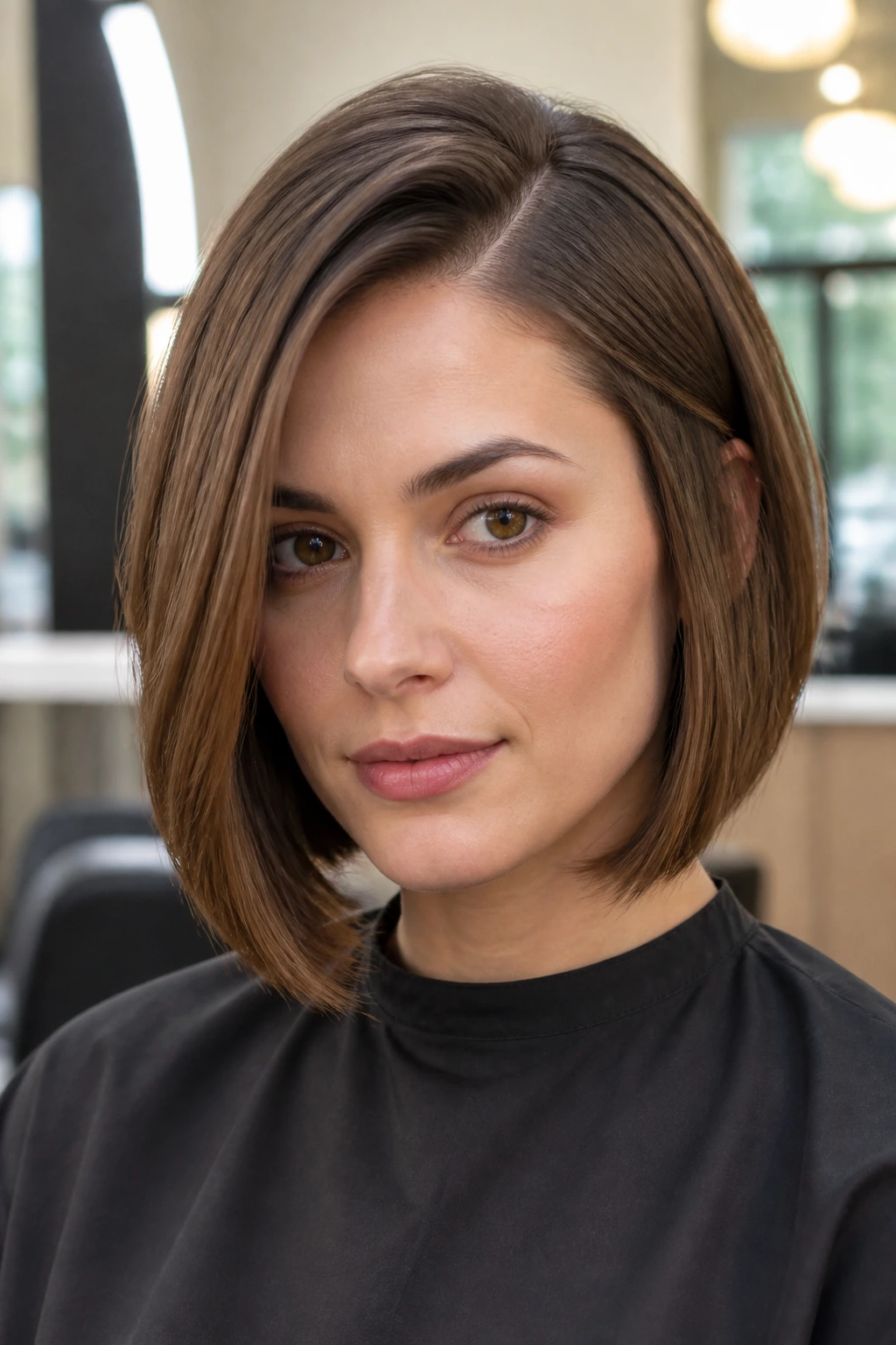 Portrait of a real woman with a sharp short bob and off-center part in a modern salon