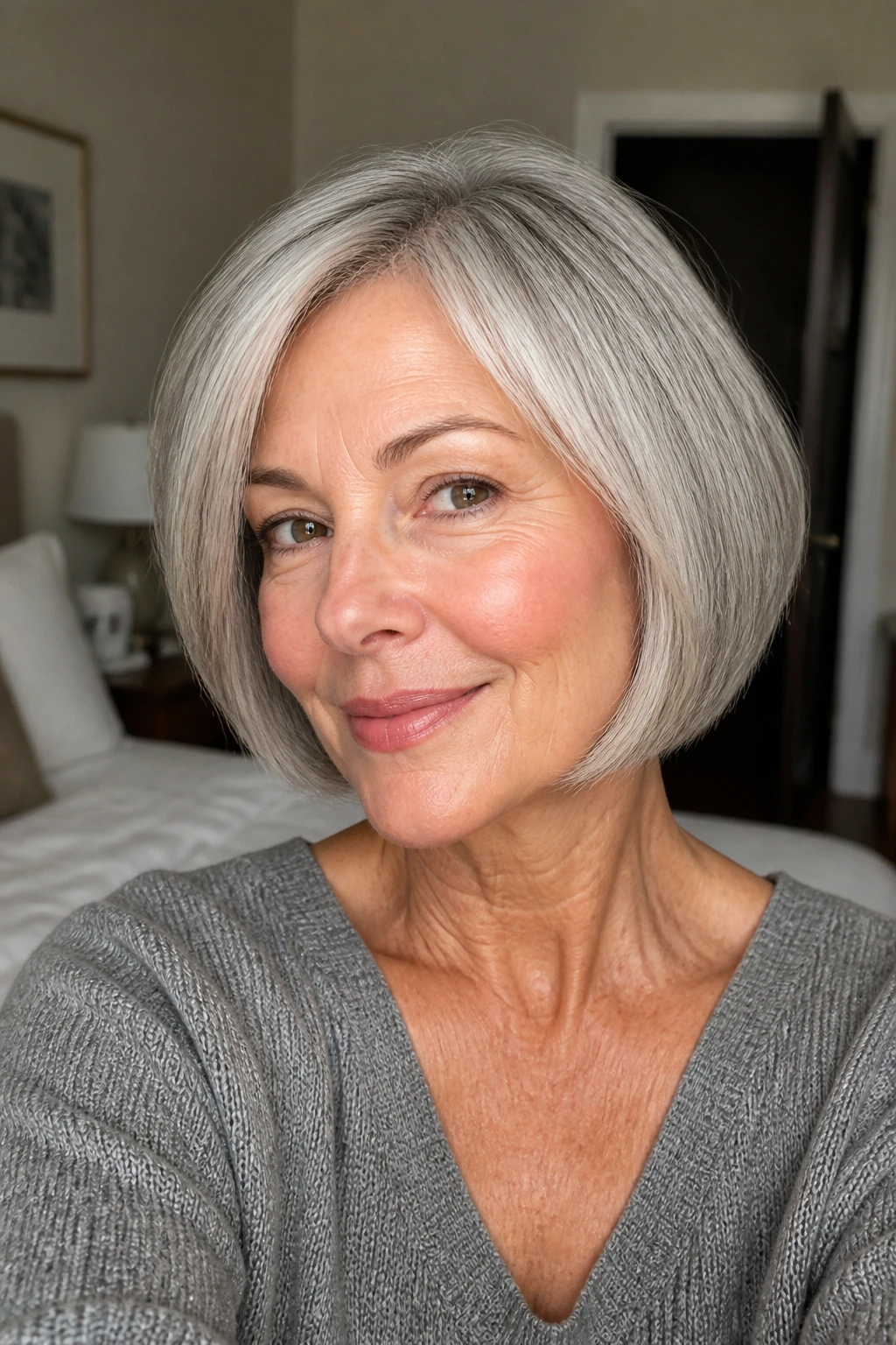 Close-up of an older woman with a short bob showing thick, even ends and lifted crown.