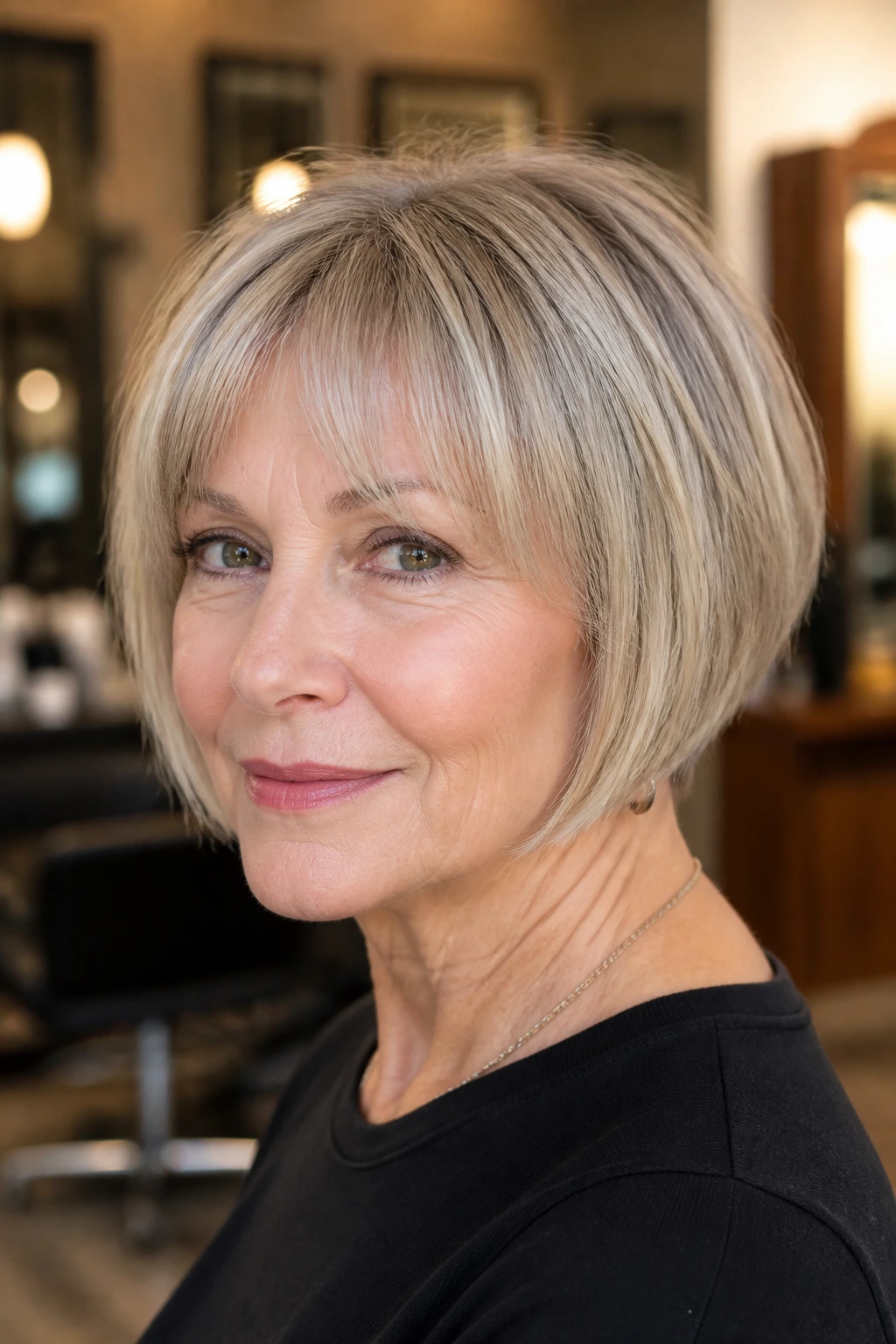 Close-up portrait of a real woman with a jaw-length blunt bob showing crown lift and fringe in a warm salon setting