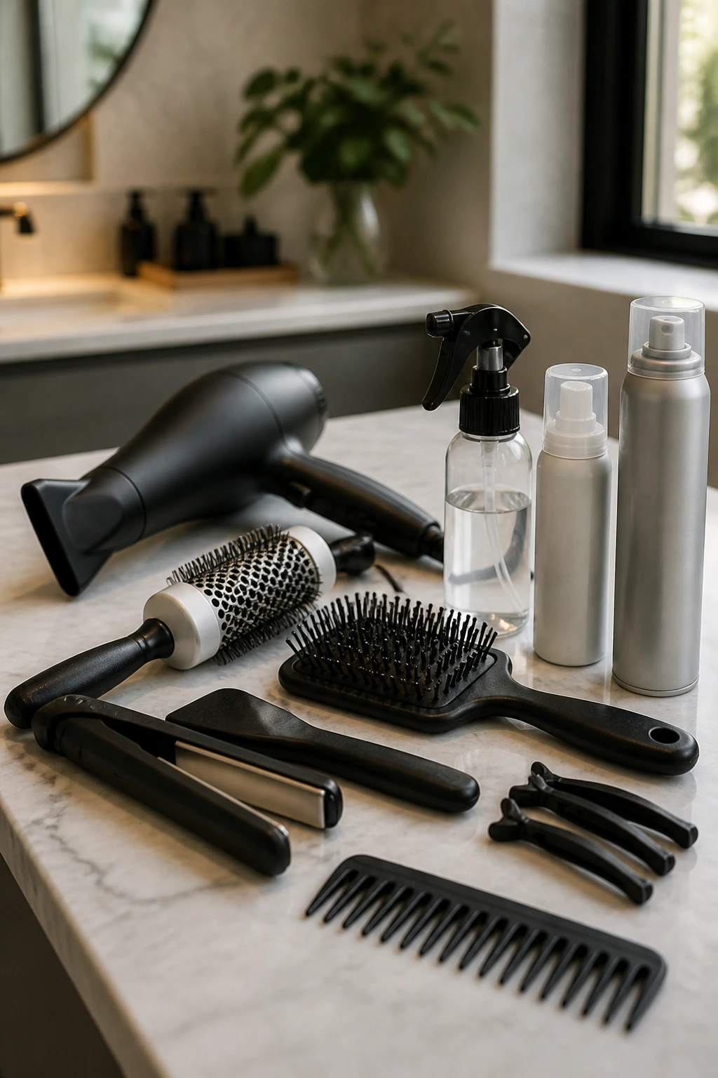 Close-up of essential hair styling tools for short bobs arranged on a counter