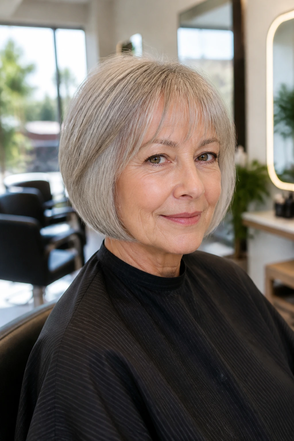 Close-up of a real woman with a freshly trimmed short bob in a salon setting
