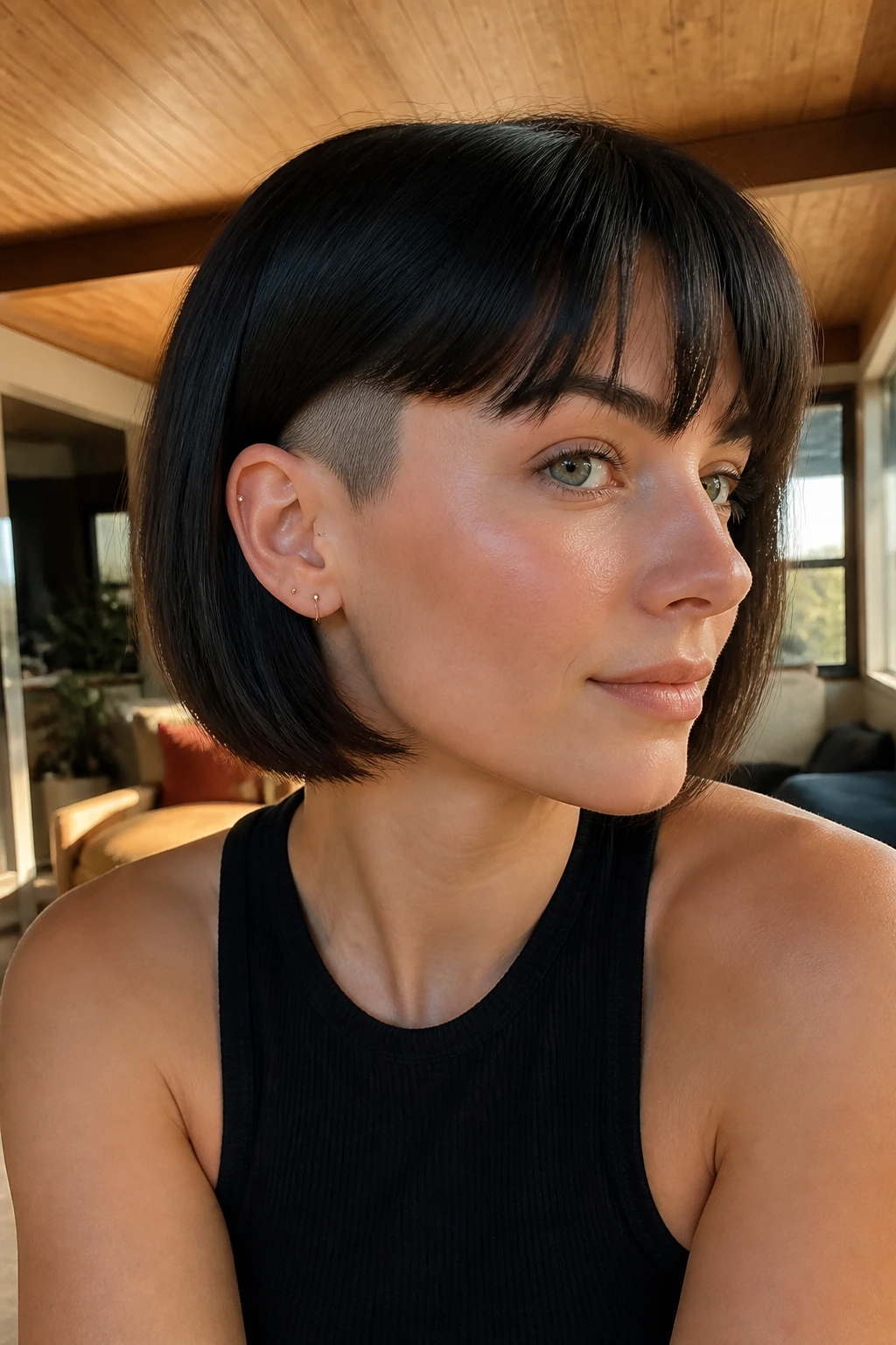 Close-up of a woman with a short bob featuring a hidden undercut and fringe in a sunlit living room