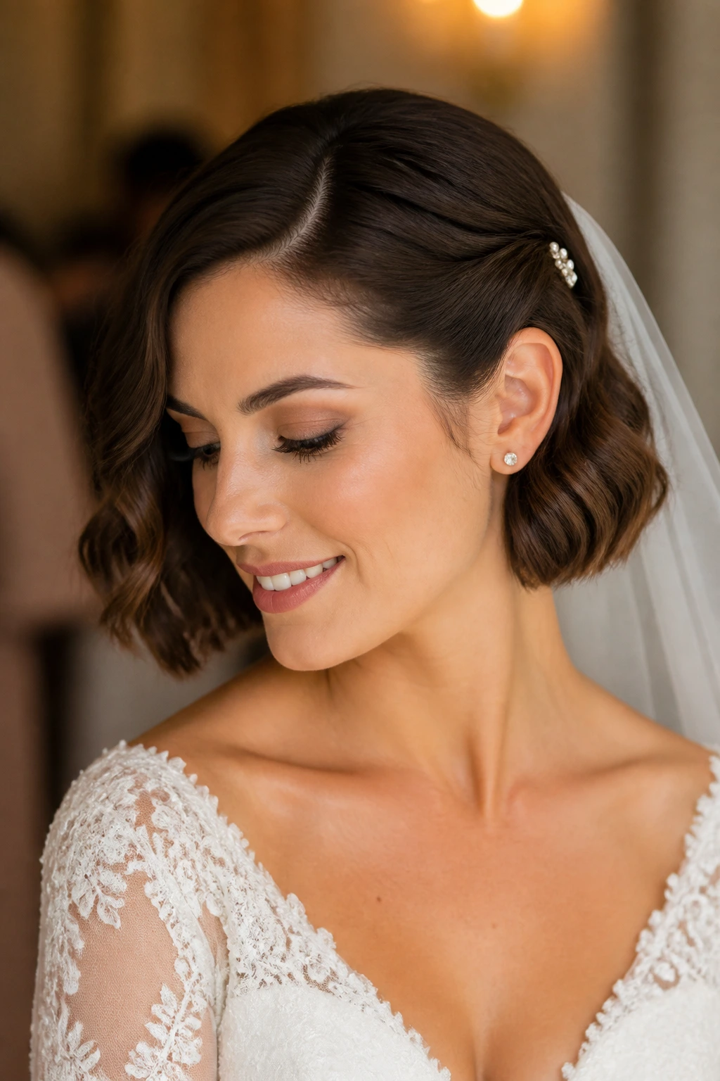 Bride with a short bob and a side tucked behind the ear.
