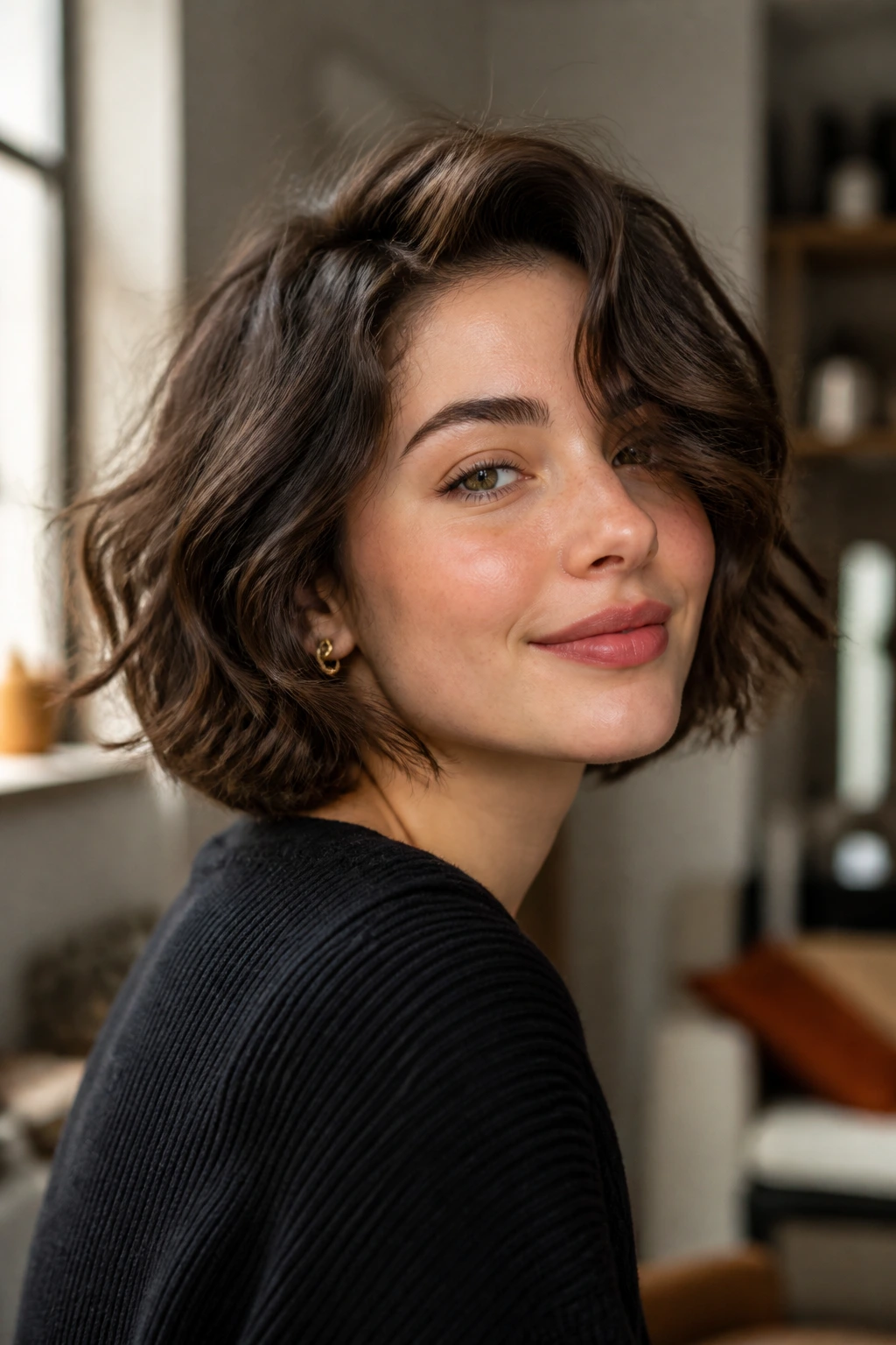 Portrait of a real woman with short bob-length thick waves and a visible bend