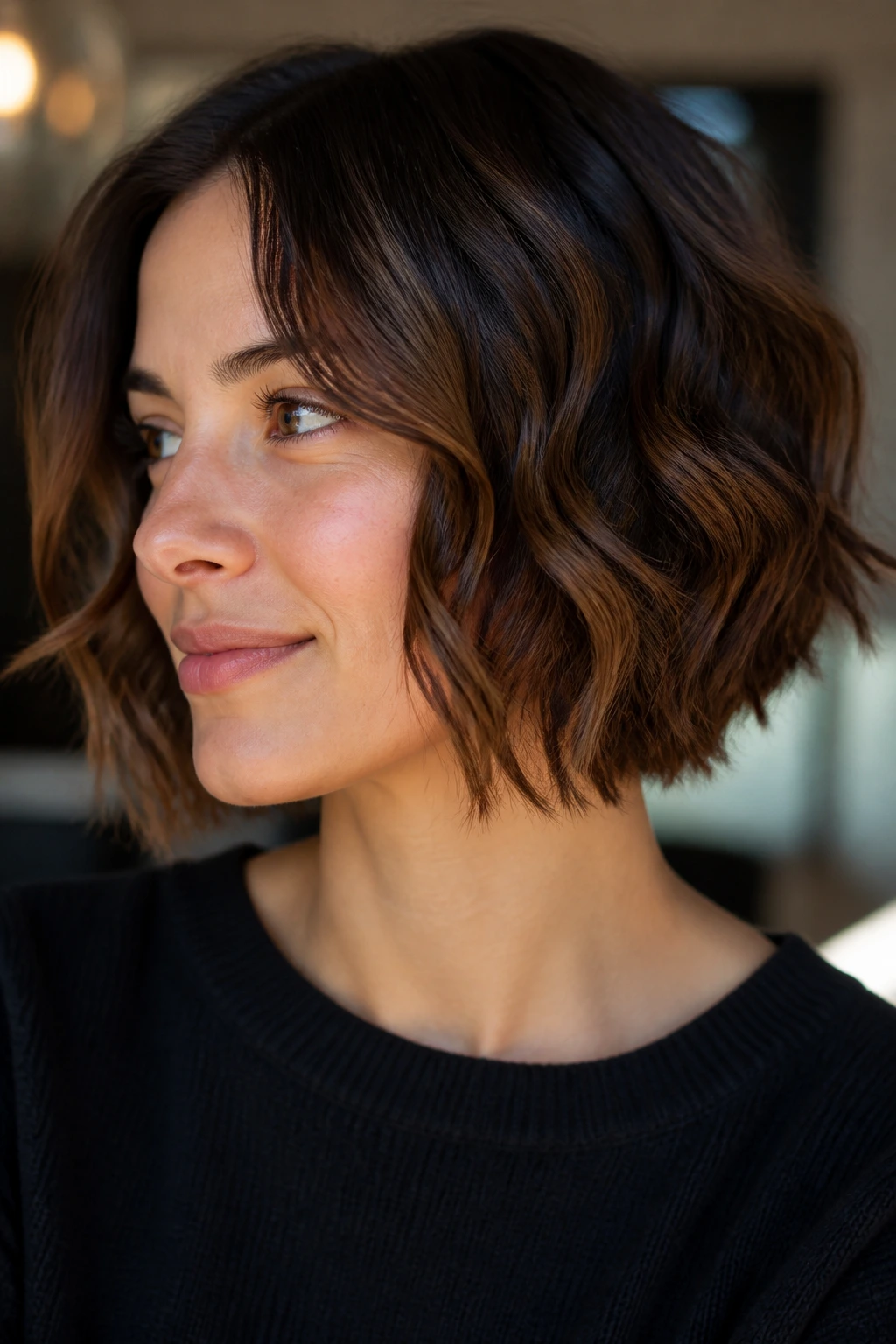 Close-up portrait of a woman with short bob waves