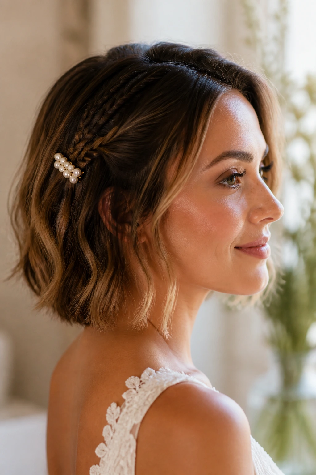 Bride with short boho hairstyle featuring microbraids and a pearl clip.