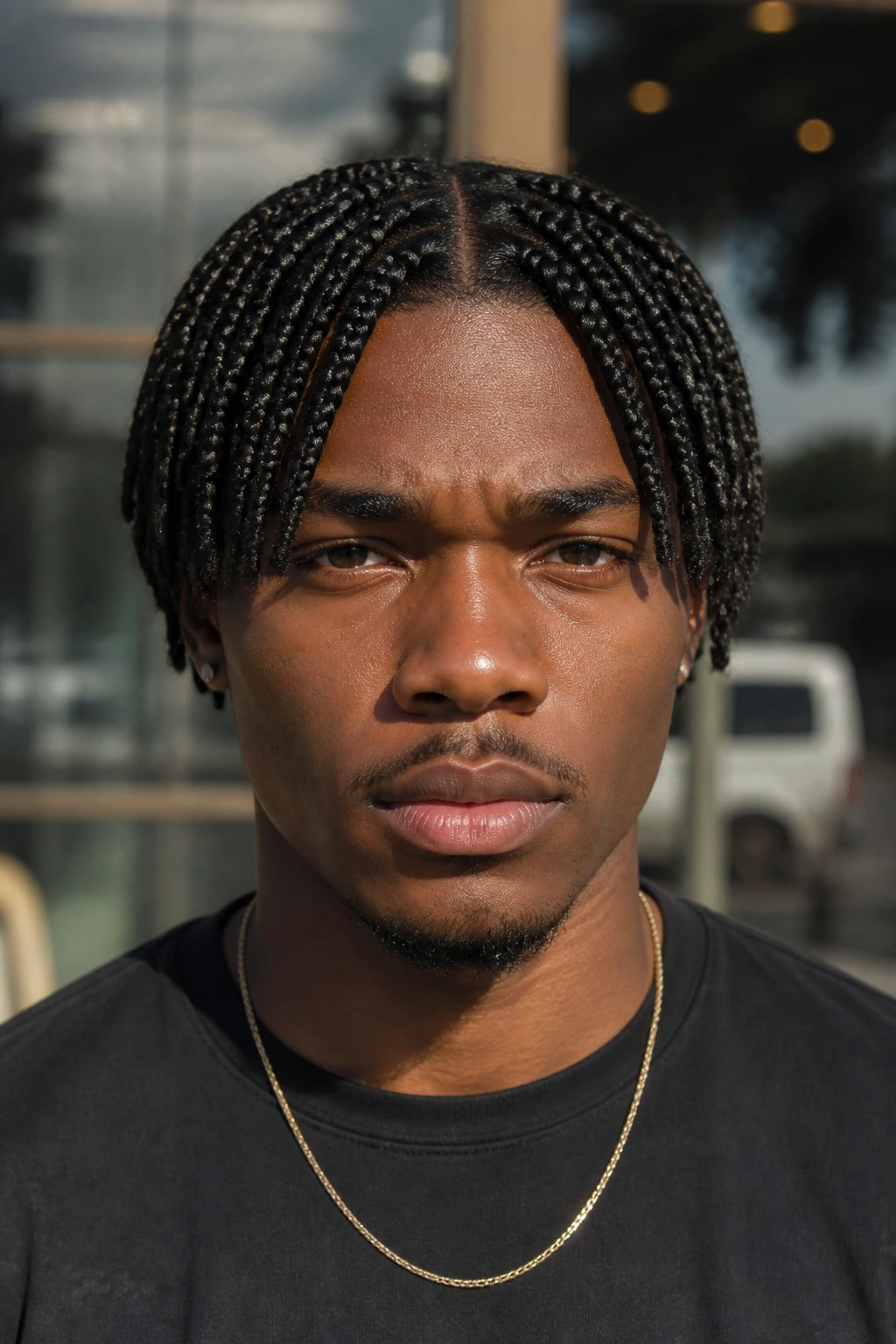 Man with short box braids showing neat, compact length and crisp parts.