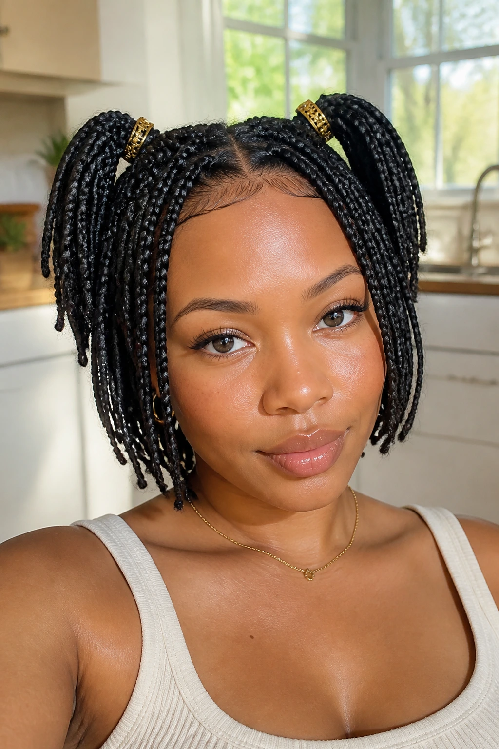 Portrait of a real woman with short box braids in pigtails