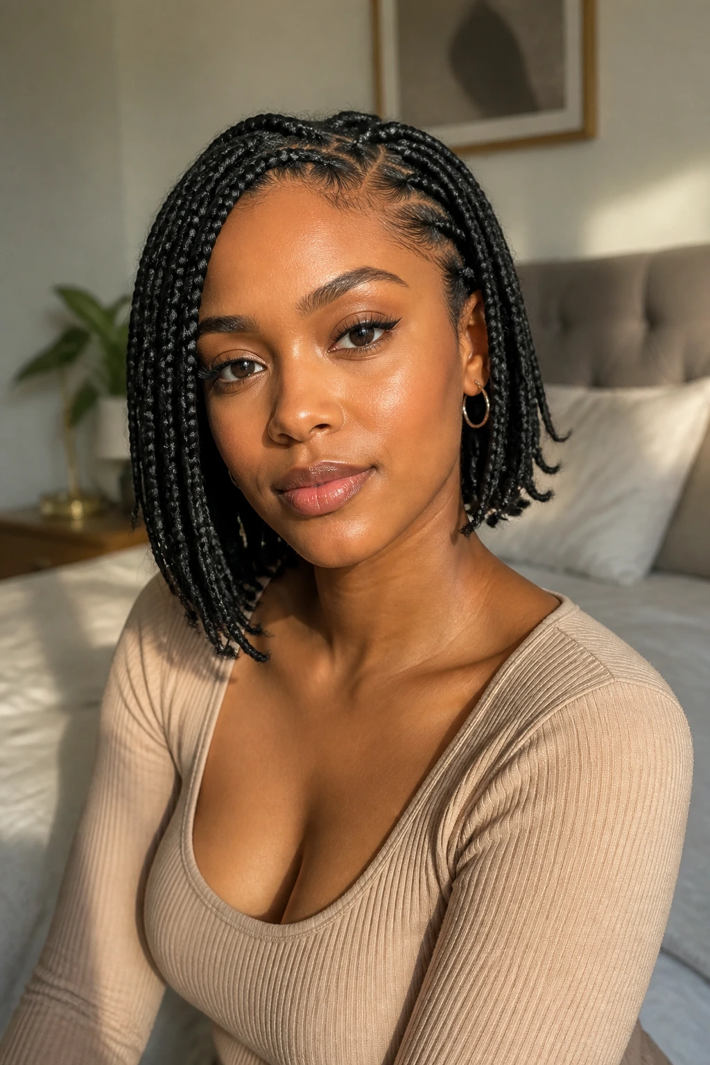 Close-up portrait of a real woman with short box braids showing clear shape