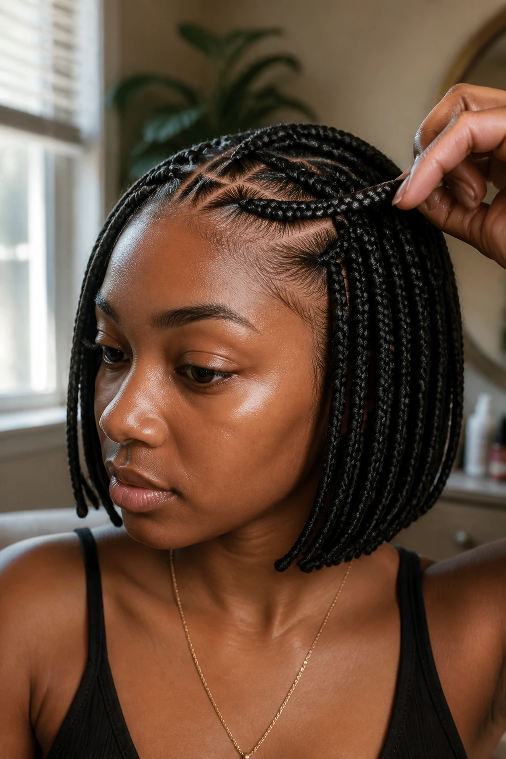Close-up of neatly placed short box braids with a guiding hand showing adjustments.