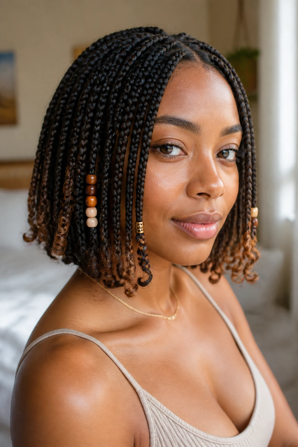 Close-up of a real woman with chin-length box braids showing beads, curls, and color melt in a cozy bedroom