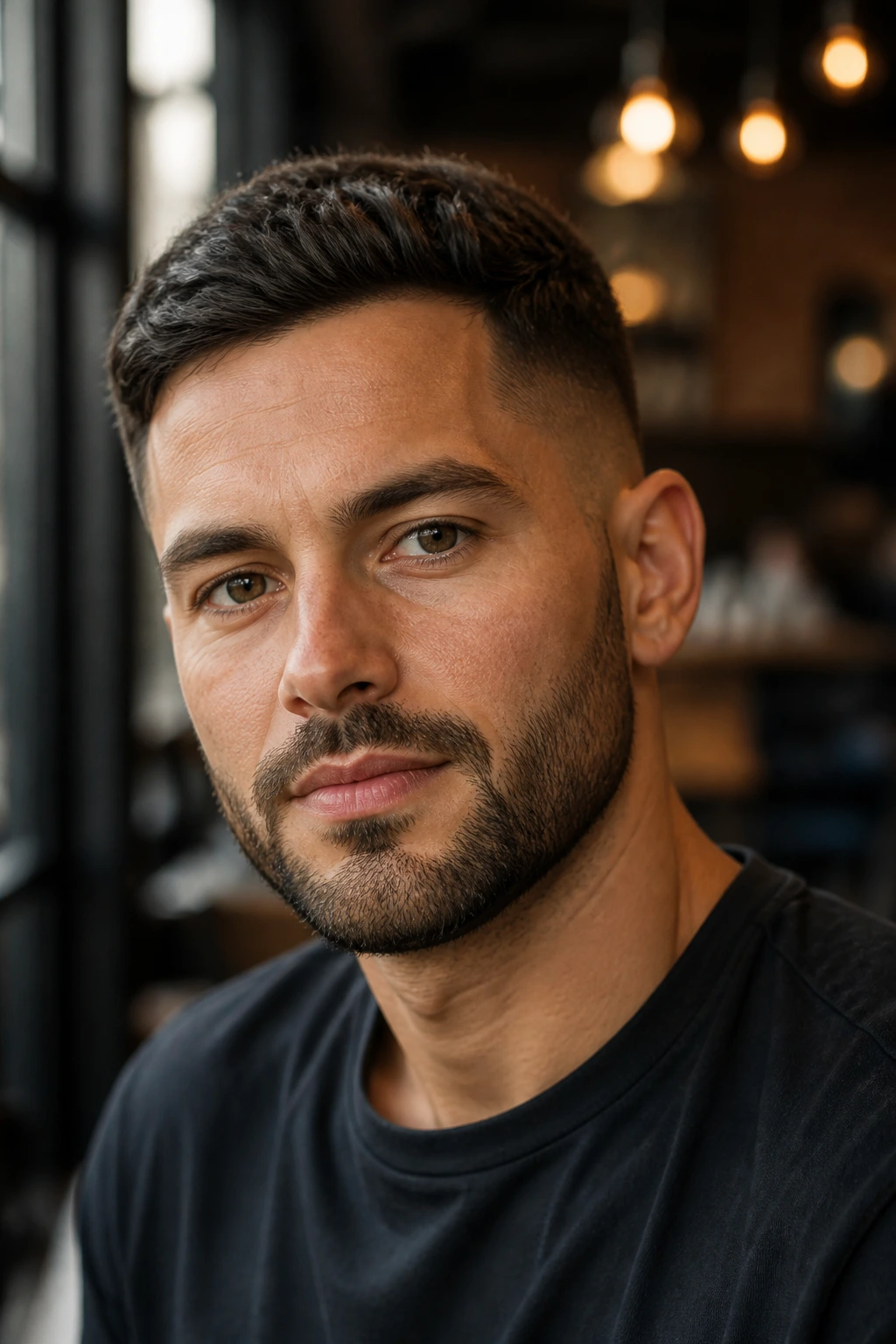 Close-up of a man with a short boxed beard shaping a square jawline.