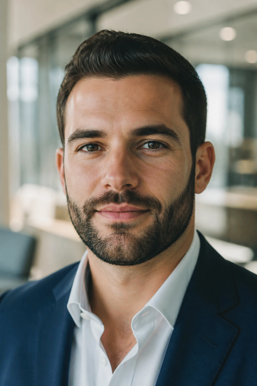 Close-up of a man with a short boxed beard and crisp lines